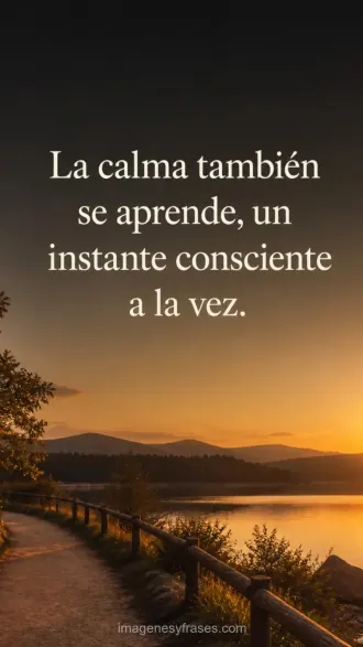 Sendero junto a un lago y montañas bajo una luz dorada de atardecer con una frase sobre aprender la calma