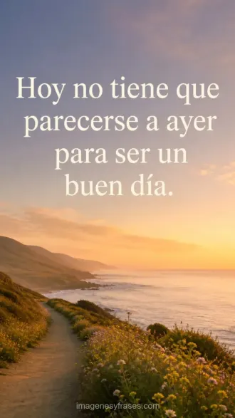 Camino entre flores junto al océano bajo una luz suave de atardecer con una frase sobre aceptar un día diferente