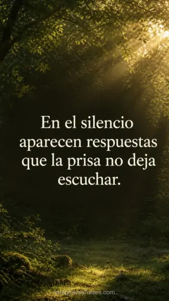 Claro oscuro en un bosque atravesado por rayos dorados de sol con una frase sobre escuchar el silencio