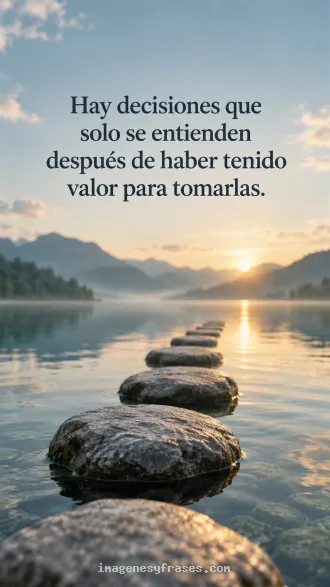 Fotografía de piedras formando un sendero sobre un lago al amanecer que incluye una frase reflexiva sobre tomar decisiones.