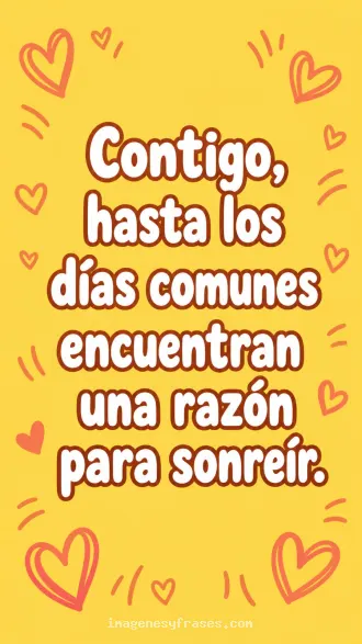 Fondo amarillo con corazones coral dibujados y una frase con letras de contorno sobre la alegría de estar juntos.