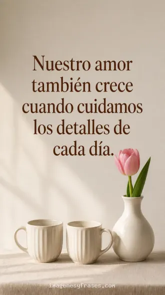 Dos tazas junto a un tulipán rosado sobre un fondo marfil, con una frase sobre los cuidados cotidianos en el amor.