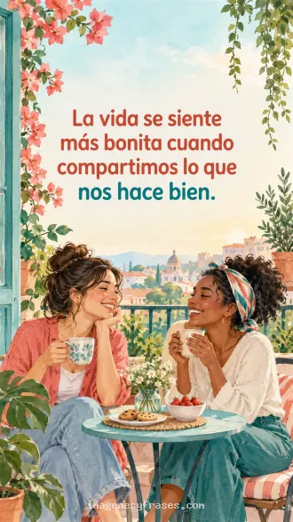 Ilustración en acuarela de dos amigas compartiendo una merienda en un balcón con flores, ciudad al fondo y una frase en tonos coral y turquesa.