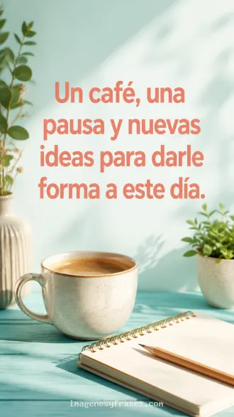 Bodegón luminoso con una taza de café, libreta y lápiz, acompañado por una frase para comenzar la mañana.