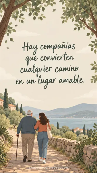 Ilustración de un padre mayor y su hija caminando entre árboles junto a un lago y montañas, con una frase manuscrita verde.