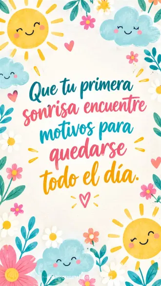 Patrón ilustrado con soles sonrientes, nubes, corazones y flores en amarillo, rosa y turquesa, acompañado por una frase matinal colorida.