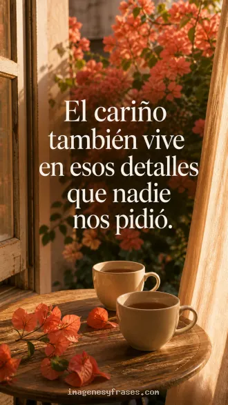 Dos tazas claras junto a una ventana con buganvillas coral, acompañadas de una frase sobre los gestos de cariño.