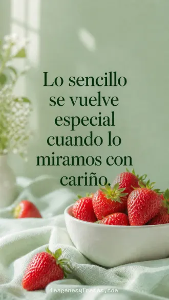 Frutillas rojas en un cuenco blanco sobre una tela verde menta, con una frase sobre apreciar las cosas sencillas.
