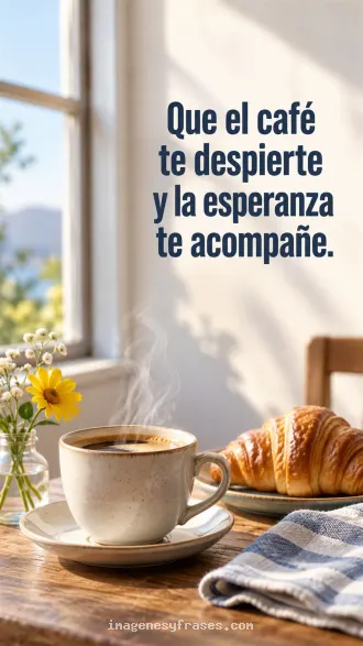 Fotografía de una taza de café humeante, croissants y flores amarillas junto a una ventana, con una frase azul de buenos días.