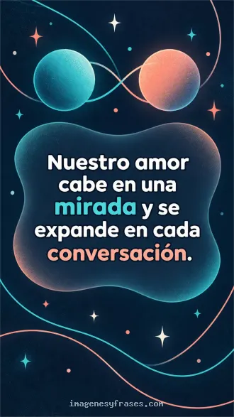 Diseño abstracto azul marino con círculos turquesa y coral unidos por líneas curvas, que incluye una frase sobre miradas y conversaciones.