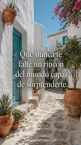 Calle tranquila de paredes blancas, puerta turquesa y macetas de barro, con una frase sobre conservar la capacidad de asombro.