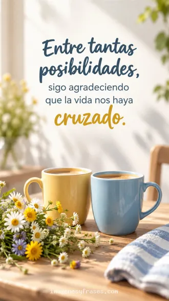 Fotografía luminosa de dos tazas azul y amarilla con flores silvestres que incluye una frase romántica en letras azules y doradas.