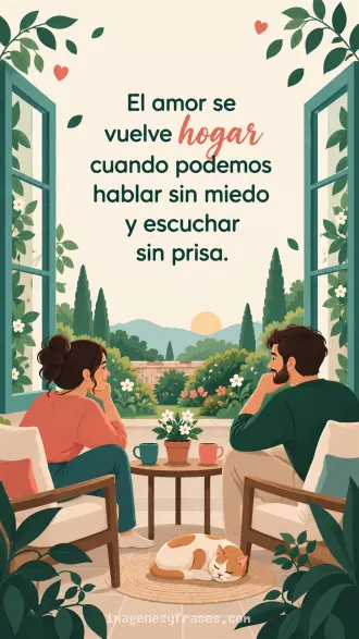 Ilustración de una pareja conversando entre ventanas verdes abiertas hacia un jardín que incluye una frase de amor en letras verdes y coral.