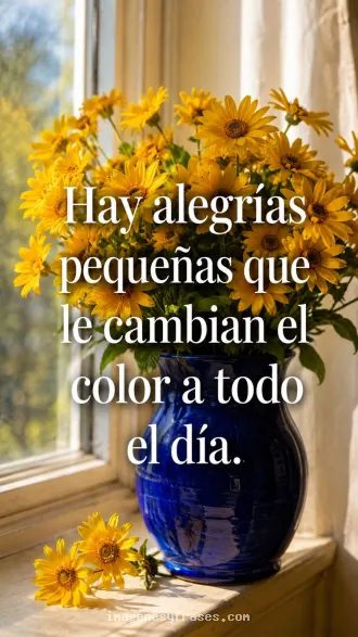 Margaritas amarillas en un florero azul junto a una ventana luminosa, con una frase sobre las pequeñas alegrías.