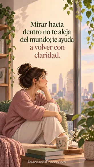 Ilustración cálida de una mujer contemplando su reflejo junto a una ventana con plantas que incluye una frase sobre mirar hacia dentro.