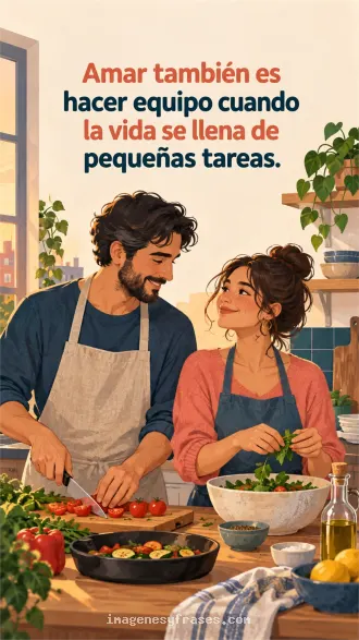 Pareja ilustrada preparando una cena en una cocina luminosa con tonos coral y azul petróleo, acompañada por una frase sobre hacer equipo en el amor.