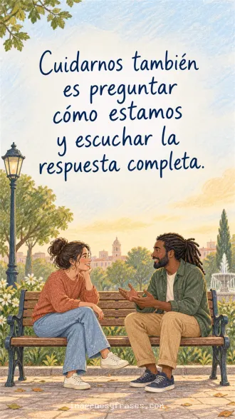 Dos personas ilustradas conversan atentamente en un banco de plaza bajo un cielo celeste, junto a una frase sobre preguntar y escuchar con cuidado.