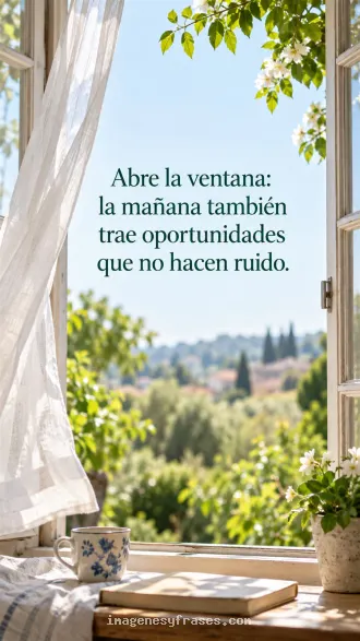 Fotografía de una ventana abierta hacia un jardín luminoso, con cortina blanca, taza y libro, e incluye una frase verde sobre la mañana.