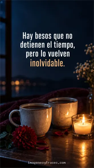 Bodegón nocturno con dos tazas, una vela y una flor borgoña sobre una mesa, acompañado por una frase acerca de besos inolvidables.