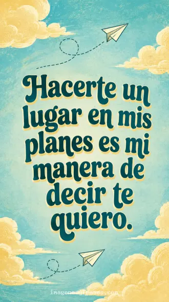 Nubes ilustradas y dos aviones de papel sobre un fondo turquesa, con una frase sobre incluir a la pareja en los planes.