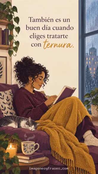 Ilustración de una mujer de cabello rizado leyendo con una manta mostaza junto a una ventana lluviosa, plantas, gato y una frase en tonos ciruela.
