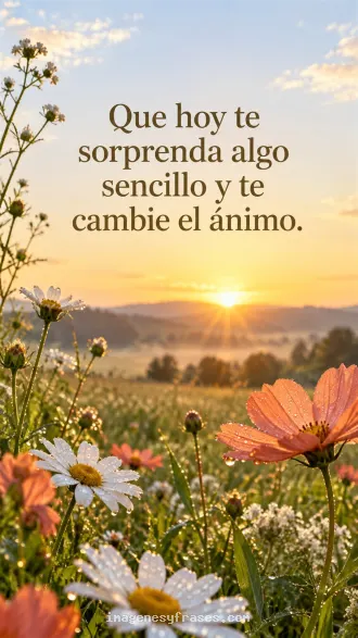 Fotografía de flores silvestres con rocío frente a un campo y un amanecer dorado, con una frase serif marrón sobre una sorpresa sencilla.