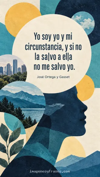 Collage geométrico azul y amarillo con un perfil humano, ciudad y montañas que incluye una cita y el nombre de José Ortega y Gasset.