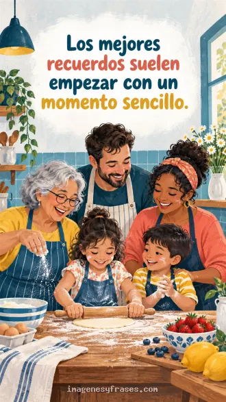 Ilustración colorida de una familia de tres generaciones cocinando y riendo en una cocina, con una frase en azul, coral y amarillo.