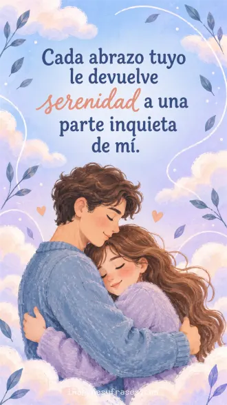 Ilustración en tonos azul y lavanda de una pareja abrazada entre nubes y hojas que incluye una frase romántica con letras azules y coral.