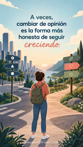 Ilustración de una mujer con mochila ante caminos hacia una ciudad y la naturaleza que incluye una frase sobre cambiar de opinión.