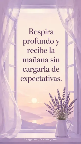 Ilustración minimalista violeta con una ventana abierta y cortinas suaves, acompañada por una frase reflexiva matinal.