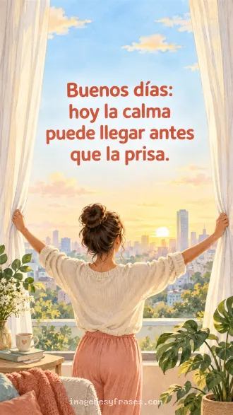 Ilustración en acuarela de una mujer abriendo cortinas frente a un amanecer urbano, con plantas y una frase coral de buenos días.