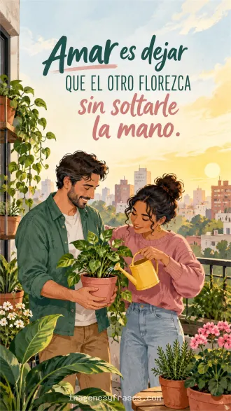 Pareja ilustrada cuidando plantas en un balcón urbano al atardecer, en tonos verdes, rosas y amarillos, junto a una frase sobre florecer acompañados.