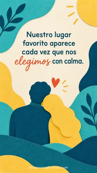Collage de papel turquesa, amarillo y crema con una pareja ilustrada que incluye una frase romántica en letras azules y coral.