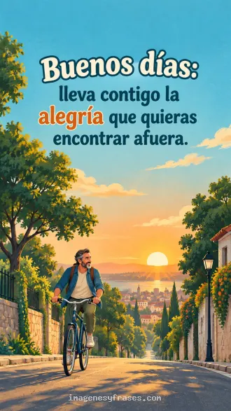 Ilustración de un hombre en bicicleta por una calle arbolada al amanecer, con cielo turquesa y una frase de buenos días en azul y naranja.