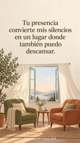 Sala ilustrada con dos sillones, planta y ventana abierta hacia un paisaje que incluye una frase de amor en letras verde oliva.