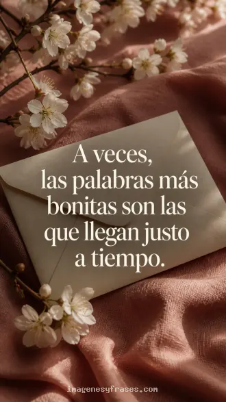 Un sobre liso junto a pequeñas flores blancas sobre tela rosada, con una frase sobre las palabras que llegan oportunamente.