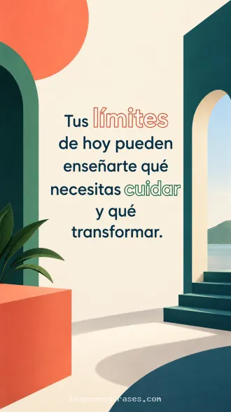 Composición geométrica crema, coral y verde con arcos y escaleras que incluye una frase sobre aprender de los propios límites.