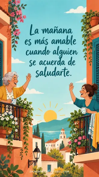 Ilustración de dos vecinas de distintas edades saludándose desde balcones con flores, tazas y paisaje costero, junto a una frase manuscrita.