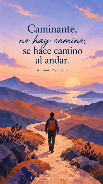 Ilustración violeta y coral de un caminante con mochila avanzando por una senda que incluye un verso y el nombre de Antonio Machado.