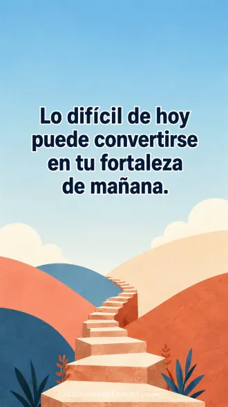Ilustración minimalista de escalones entre colinas azules y coral bajo un cielo claro que incluye una frase motivacional con letras contorneadas.