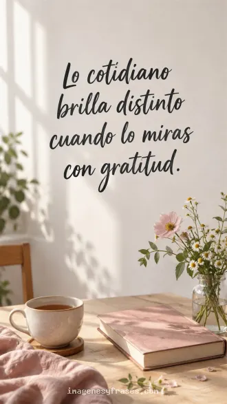 Fotografía luminosa de una taza, un libro rosa y flores silvestres sobre una mesa de madera, con una frase manuscrita negra.