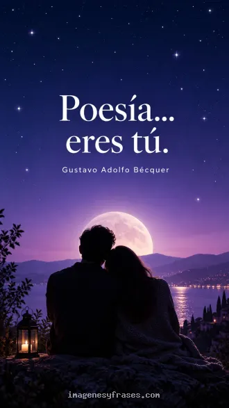 Cielo nocturno azul y violeta con estrellas, luna y una pareja que incluye la frase Poesía eres tú y el nombre de Gustavo Adolfo Bécquer.