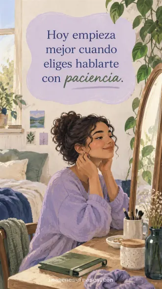 Ilustración de una mujer de cabello rizado preparándose frente al espejo en una habitación luminosa, con una frase sobre paciencia en tonos lavanda.